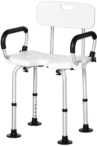 HOMCOM Silla Ducha Personas Mayores Silla para Ducha Taburete de Ducha Antideslizante con Altura Ajustable y Apoyabrazos Regulable Carga 136 kg