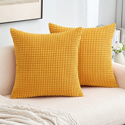 MIULEE Set of 2 Decorative Corduroy Cushion Covers 18x18 Inches, 45x45 cm Striped Solid Rectangle Throw Pillow Cases for Sofa Couch Home Bedroom Turmeric