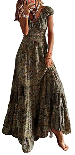 ABYOVRT Robe Maxi D'été pour Femme Bohème Robe de Vacances Col V à Fleur Manches Courtes Robe de Soiree Party Plage(Café,L)