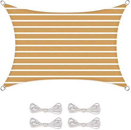 CelinaSun Sonnensegel inkl Befestigungsseile Basic Rechteck 3,5 x 5 m Streifen sandbeige weiß Sonnenschutz atmungsaktiv
