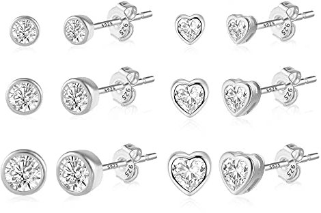 ASH'S CHOICE Silber 925 Ohrringe Ohrstecker Set Damen, 6 Paar Multipack Ohrstecker Kleine Set, Ohrringe Kugel Herz Ohrstecker Glitze Zirkonia Strass Silber Ohrringe Knorpel Mini Kleine Damen Herren