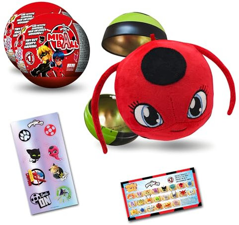 Miraculous Ladybug, Sammelspielzeug Kapsel 4-1, 2er-Set, Miraball Überraschung: Ausdehnbares Kwami-Plüschtier, Metallkugel mit Charakterbildern, Glitzernde Aufkleber, Aufhängeband