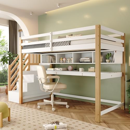FEZTOY Hochbett Kinderbett mit 4 Speicherung Treppe und Schreibtisch, Etagenbett mit Regalen, Funktionsbett Stockbett 90x200cm Jugendbett Spielbett