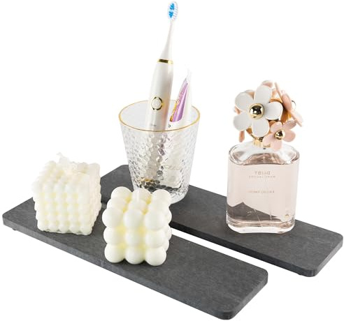NiuYichee Lot de 2 plateaux en pierre absorbante, porte-savon pour évier de cuisine/salle de bain, plateau de diatomite utilisé pour le savon et les bouteilles de cosmétiques, 8 x 30 cm, gris foncé