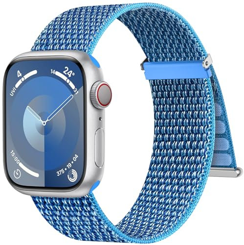 Higgs Nylon Armband Kompatibel mit Apple Watch Armband 42mm(Series 10) 41mm 40mm 38mm Damen Herren, Sport Klettverschluss Verstellbare Armbänder für iWatch SE Series 10 9 8 7 6 5 4 3 2 1,Kap Kod Blau
