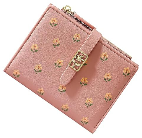 Portemonnaie Damen RFID Schutz, Klein Geldbörse PU Leder, Blumen Geldbeutel Viele Fächer für Mädchen (Rosa)