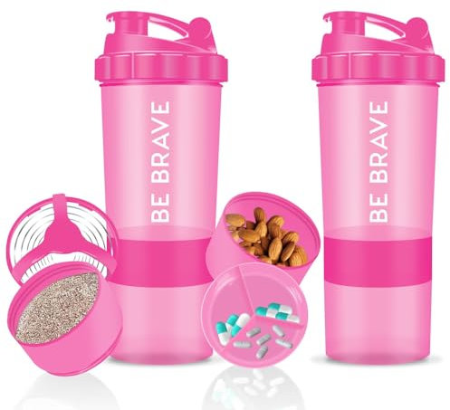 ACUNA Protein Shaker Bottle 600ml (PACK OF 2), 3 Layer Supplement & Pills Storage Cup- Secure Leakproof Protein Shake Mixer Bottle- Gym Supplement Shaker Bottle (Be Brave - Pink-Pink)
