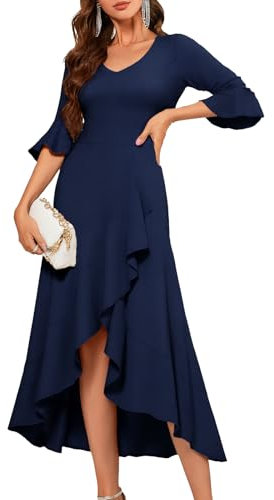 Women's V Neck Wedding Guest Dresses for Formal Cocktail Evening Party Prom Dress with Long Bell Sleeve Ruffle Split Jumpers Navy L