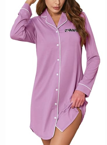 Rayson Chemises de Nuit Femmes Col V Manches Longues Boutonnée | Ouvert Devant,Couleur Unie,Fausse Poche,mi Robe pour Automne Hiver