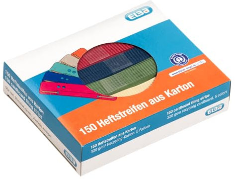 Elba 150 Heftstreifen aus recycling Karton, 5 Farben, Abheftstreifen, Heftlaschen Blauer Engel zertifiziert