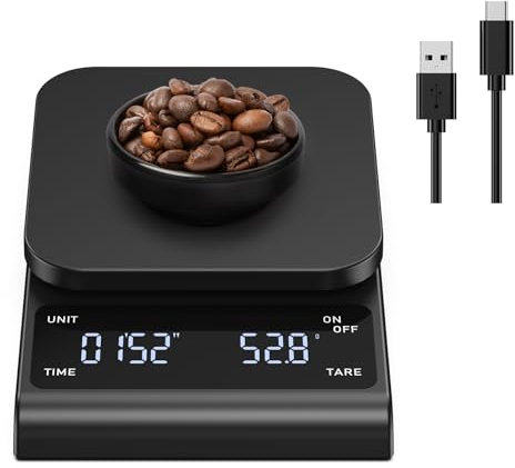 Brifit Kaffeewaage mit Timer, Espresso Waage 3kg/0.1g, Hochpräzise Feinwaage, USB Wiederaufladbare Küchenwaage, Coffee Scale mit LED-Anzeige, Tara Funktion, Auto Aus Funtion
