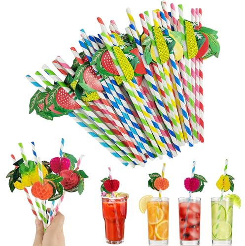 OXRXRO 100 Stück 3D Frucht Papier Strohhalme, Cocktail Strohhalme Bunte Papier Trinkhalme, Biologisch abbaubare Papier Strohhalme für Kalte Getränke, Saft (zufällige Farbe)