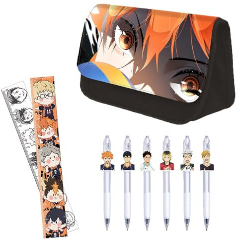 Xinchangda Haikyuu!! Schreibwarentasche, 3-teiliges Set, Shoyo Hinata/Tobio Kageyama Anime Federmäppchen & Anime-Stifte & Lineal, großes Fassungsvermögen, Stifteetui, Schulbedarf-Set für Mädchen und