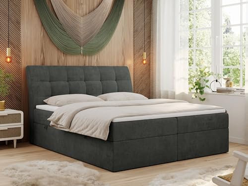 MKS MEBLE Boxspringbett 180x200 Grau Strukture, Bett mit Multipocket Matratze H4 und Topper, Polsterbett 180x200 mit Bettkasten und Kopfteil, DIEGOS Dunkelgrau Strukture