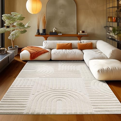 Teppich Kurzflor Wohnzimmer 140 x 200 cm Creme Hochtief 3D Effekt - Flauschig, Extra Weich und Waschbarer Boho Muster - Teppich für Schlafzimmer, Esszimmer und Küche