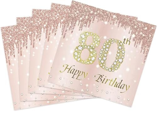 Lot de 40 serviettes de table à double épaisseur sur le thème or rose « Happy 80th Birthday » pour femme, anniversaire, mariage, anniversaire de mariage