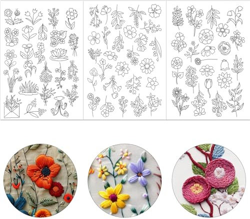 Giantree 74 Stück Wasserlösliche Stickmuster, Selbstklebend Stickvorlagen Stickvorlage Stickvorlage Blumenstickerei Stickerei Transferpapier Stickmuster Stabilisatorfür Stickerei Handn(Stil 1)