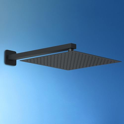JOHO Soffione Doccia a Pioggia con Braccio Doccia a Parete-Soffione con Braccio per Doccia in Acciaio Inox-Docce Fisse con Getti - Quadrato 30x30 cm/12 Pollici- Braccio 37 cm Nero