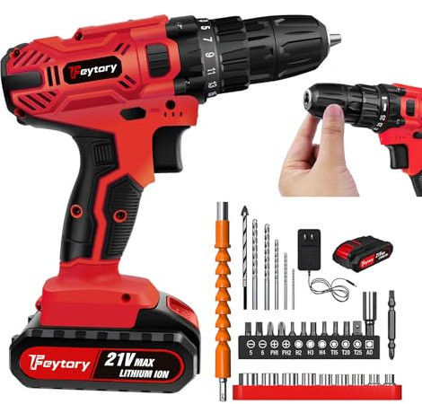 VickyHome Akku-Bohrschrauber 21V Bohrerset mit 1500mAh Akku, 25 + 1 Drehmomenteinstellung Bohrmaschinen Akku-Bohrschrauber und Schraubendreher-Set mit 29 STÜCK Zubehör, LED-Arbeitslicht, Rot