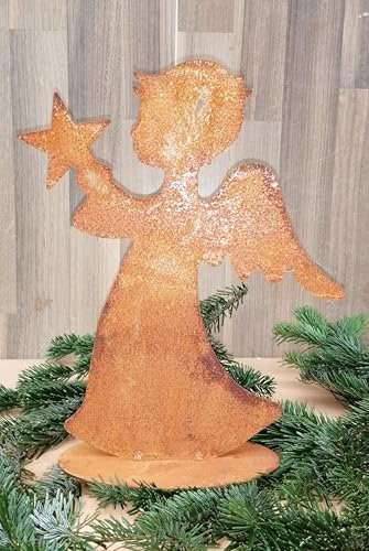 Generisch NEU !! Engel mit Stern 31 cm hoch aus Metall in angesagtem Edelrost Rost Weihnachten Deko Flügel Advent Trauer Beerdigung Weihnachtsdeko Fensterschmuck Deko