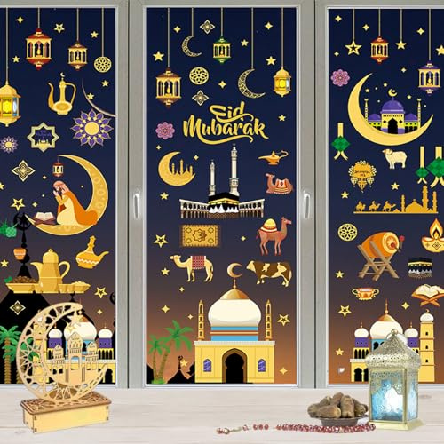 Fensterbilder Ramadan,9 Stück Eid Mubarak Fensterbilder Sticker Ramadan Selbstklebend Fensteraufkleber, Fenster Muslim Deko Fenstersticker Stern Halbmond Fenster Aufkleber Fensterdeko für Dekoration