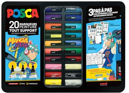 POSCA Manga Hero Stifte Set 20 Acrylstifte, Multi-Support extra feine, feine und mittlere Spitze praktisches Etui und kreative Inhalte