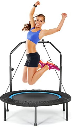 GYMAX Fitness Trampolin φ101cm, leise faltbares Mini Trampolin bis zu 150 kg Belastbar, Gartentrampolin mit höheverstellbarem Schaumstoffgriff & 2 Widerstandsbänder, für Erwachsene & Kinder (Blau)