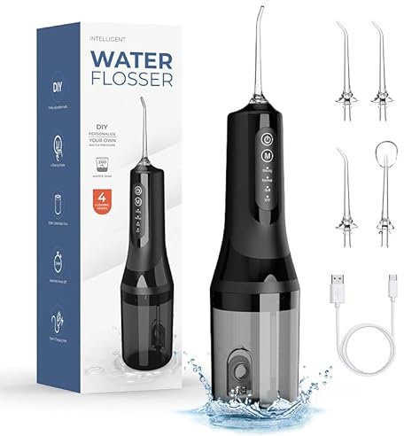 Munddusche Kabellos Elektrischer Zahnreiniger, 4 Modi & 5 Düsen USB-C Wiederaufladbare Wasser Flosser IPX6 Wasserdicht, 260ml Wassertank Munddusche für Reisen und Zuhause (Schwarz)