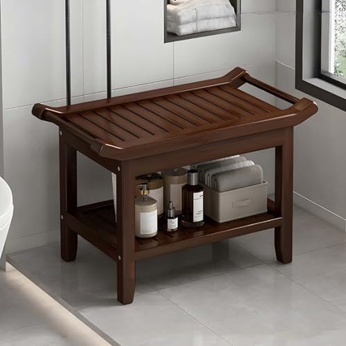 GAOCUNBING Banc de Douche en Bambou, Tabouret à Langer avec étagère de Rangement, Banc de Douche avec poignées, Repose-Pieds de Douche pour intérieur ou extérieur A 60cm,Curve