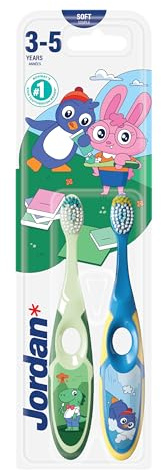 Jordan ® | Step 2 Zahnbürste Kinder | Kinder zahnbürste für 3-5 Jahre | Weiche Borsten, doppelter ergonomischer Griff & BPA-frei | Blaue Farbe | Pack 2 Einheiten