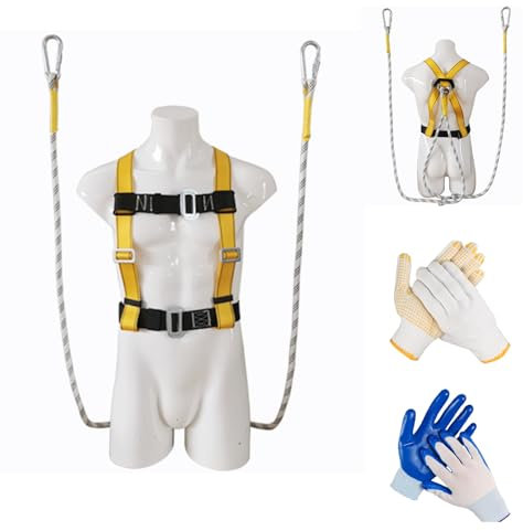 Maihila Fallschutz Auffanggurt mit Verdickte Lendenwirbelstütze, Fallschutz Sets, 2 Haken, 2M Lang Sicherheitsseil, Höhenarbeit Absturzsicherung Sicherheitsgurt