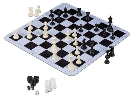 Relaxdays Schachspiel Backgammon Dame, zum Aufrollen, mit Tragetasche, 50,5 x 50,5 cm, 3 in 1 Reisespiel, schwarz/weiß