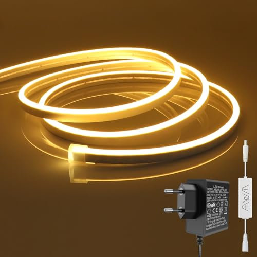 Liyade Bande LED 2M, 24V Variable Neon LED Strip, 3000K Blanc Chaud, IP65 Etanche Silicone Bande LED flexible DIY avec alimentation et contrôleur pour l'intérieur extérieur Maison Cuisine Décoration