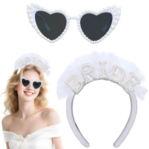 Bride to Be - Cerchietto per capelli da sposa, 2 pezzi, con perle a forma di cuore, occhiali da sole JGA, accessori da donna