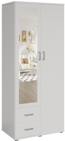 Armoire 2 Portes avec Miroir Tom – Dimensions H185 x L80 x P52 cm – Coloris Blanc – Style Design