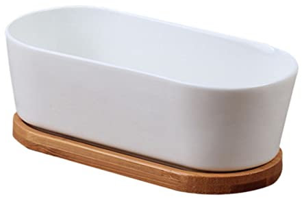 BESTonZON 2stücke Keramik Blumentöpfe Für Sukkulenten Und Kakteen Mit Bambusuntersetzer Ovaler Blumenkübel Für Innen Und Außenbereich Langlebig Und Handgefertigt Mit Abflussloch Für