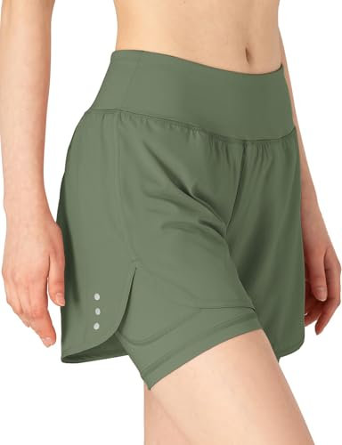 donhobo Damen Shorts Sport 2 in 1 Kurze Hose High Waist Leggings Laufshorts Sommer Sporthose Fitness Yoga Shorts Hotpants, Armeegrün, L