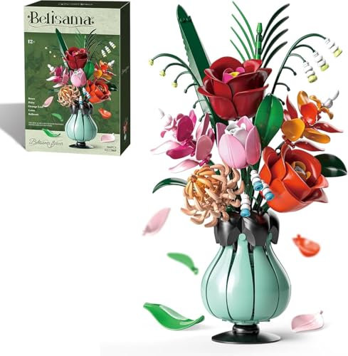 TYONUEYS Blumen Bauspielzeugset für Erwachsene, 566 Teile Blumenstrauß Bausatz Mit Vase, Botanical Kollektion Blumenstrauß Klemmbausteine, Geschenk für Frauen Männer Kinder Jungen Mädchen