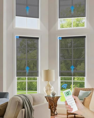 Tokblind Motorized Solar Roller Shades with Remote Control, Light Filtering Smart Blinds for Windows Work with Alexa Google via Hub, Rechargeable Electric Shade Customized Size (Fireproof Black)