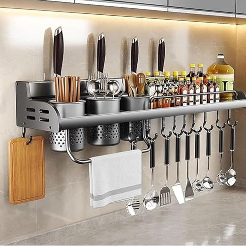 Générique Étagère à épices Murale sans perçage, Crochets réglables, Porte-ustensiles, Porte-Serviettes et Porte-Couteaux - 80 cm, capacité 3 Tasses, 10 Crochets pour l'organisation de la Cuisine