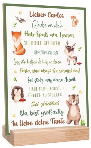 GRAVURZEILE Holzschild zur Einschulung - Tiergruppe Wald - Personalisiert mit Namen - Affirmationsposter Mutmacher für Kinder - Geschenk zum Schulanfang für Jungen & Mädchen - DIN A4