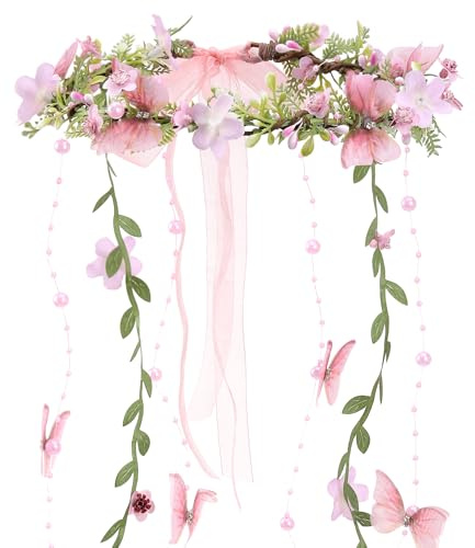 MOSTORY Elfen Kopfschmuck Feen Haarschmuck für Renaissance Fantasy, Rosa Blumenkranz Haare mit Ranken Damen und Schmetterling für Cosplay Karneval Kostüm Damen