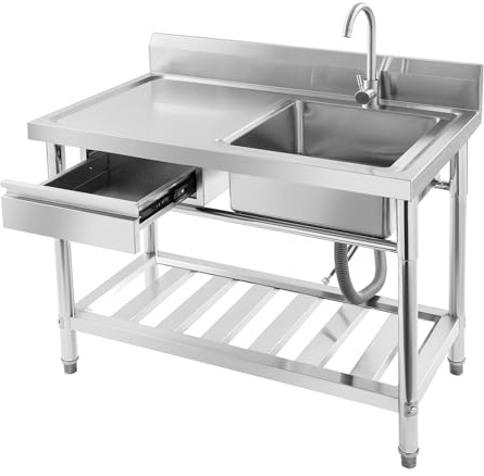 Edelstahl Spültisch 100cm-Breit mit Schublade Blende 1-Becken(40cm-Breit,20cm-Tief) Küche Spüle mit Unterschrank Freistehende Küchenspüle Spülbecken mit Drehbar Wasserhahn-Warm&Kalt Abflussrohr,Rechts