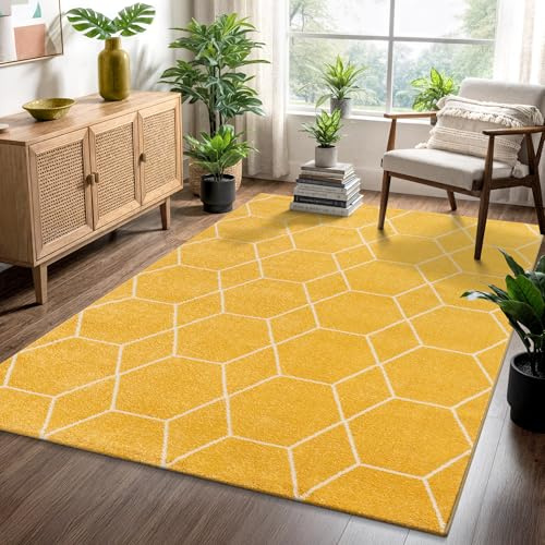 SANAT Wohnzimmerteppich – Pflegeleicht, für jeden Raum geeignet – Öko-Tex zertifizierter Flächenteppich – Trellis Muster, Gelb, 200 x 290 cm