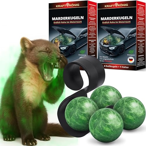 KRAFTKÖNIG Marderschreck Auto (2er Pack) – 4X Marderkugeln mit Halterung – Hochwirksamer Duft gegen Marder im Motorraum – Reduziert das Kabelbiss-Risiko bis zu 6 Monate – Marderabwehr Auto