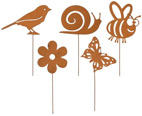 WANTOUTH 5 Stück Gartenstecker Rost Set Gartendeko Metall Rostige Vögel Schmetterling Schnecke Biene Blume Edelrost Deko Rostdeko Blumenstecker für Garten Terrasse Balkon Blumentopf Wetterfest