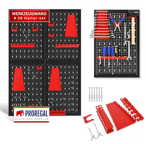 PROREGAL 4x Werkzeugwand ARES, Werkzeug Lochwand Set aus Metall, Lochplatte inkl. 39 Haken & Halterungen, 160x60cm, inkl. Montagematerial, Werkzeughalter Werkstatt Werkzeuglochwand Erweiterbar