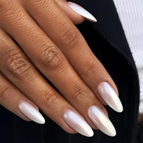 24pcs False Nails Almond - White Pearl Press On Nails - Glazed White Chrome Fake Nails With Glue - Long Stiletto Acrylic Full Cover Stick On Nails For Women Maicure DIY