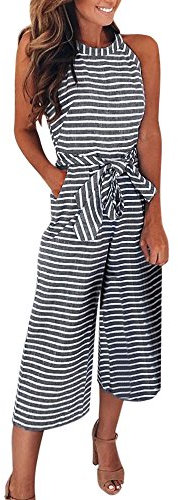 SALUC1A Jumpsuit Damen Lang Sommer Elegant Gestreift Rundhals Neckholder High Waist Overall Lässig Ärmellos Hängerchen Halter Tailliert Einteiler Breites Culotte Strand Hose Top Zweiteiler mit Gürtel