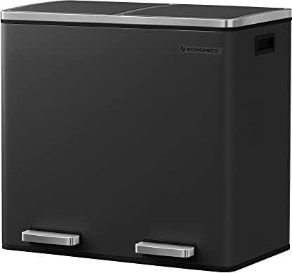 SONGMICS Mülleimer, Abfalleimer, Mülltrennsystem mit 2 Fächern, Treteimer für die Küche, x 24 L, Softclose, Inneneimer aus Kunststoff, Fußpedalen und Handgriffen, schwarz LTB48BK, 58.5 32 54.5 cm